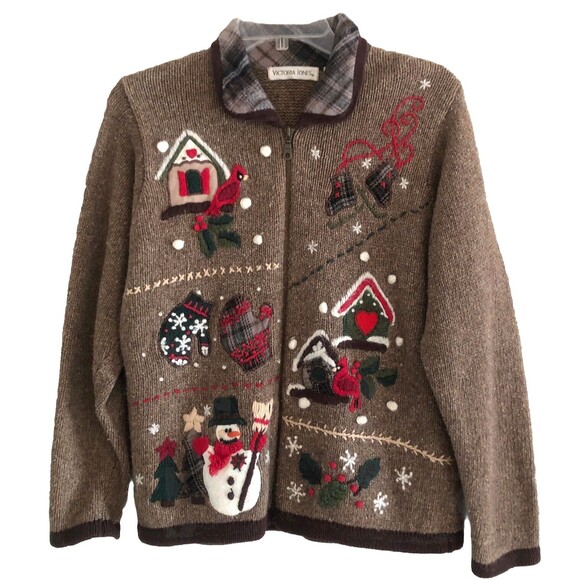 Victoria Jones Ramie Wool Cardigan Womens Sz M VTG Embroidered Patchwork Winter - Picture 3 of 16